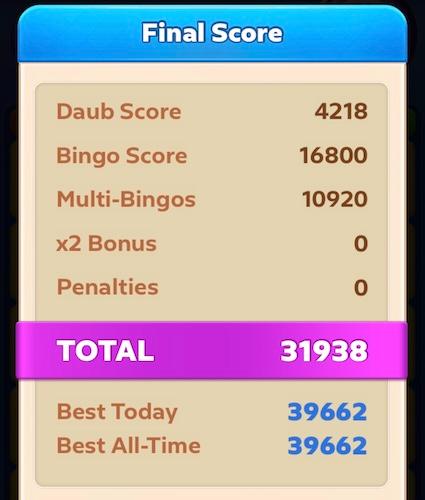 A score summary from a Bingo Tour game. The author scored a total of 31,938 points.